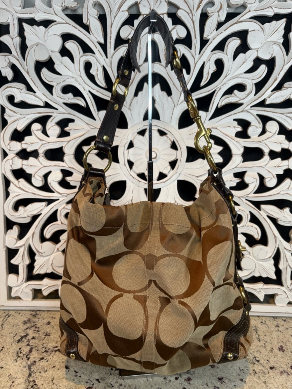 Coach Large Carly Signature Canvas Shoulder Bag in Brown and Tan #10620 - Picture 2 of 13